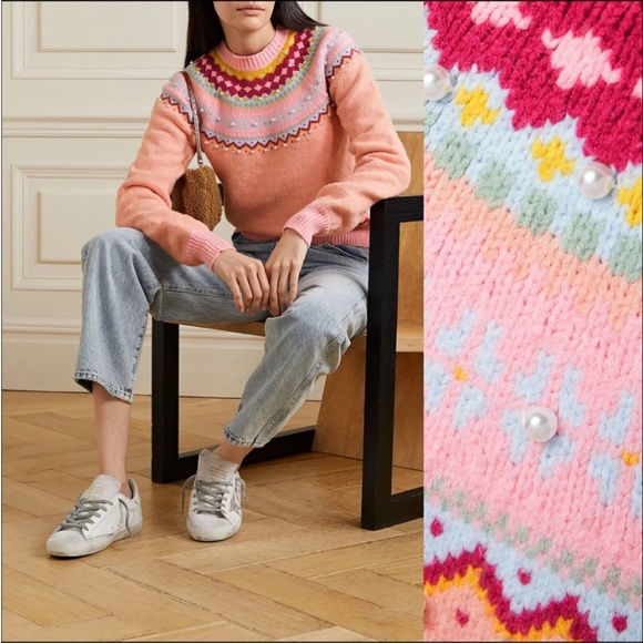 NWT! LoveShackFancy Crawley fair isle perl embellished pullover sweater … - Picture 3 of 10